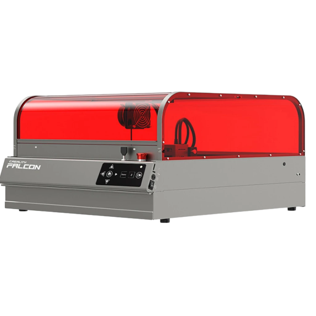 Creality Falcon 2 Pro S Grabadora Láser 40W con cubierta protectora roja, chasis gris y panel frontal con controles y botón de emergencia, área 355 × 390 mm - Ítem3
