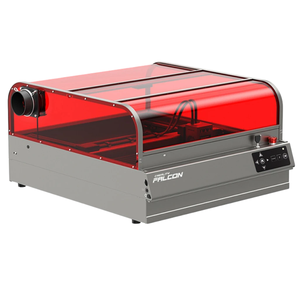 Creality Falcon 2 Pro S Grabadora Láser 40W con cubierta protectora roja, chasis gris y panel frontal con controles y botón de emergencia, área 355 × 390 mm - Ítem1