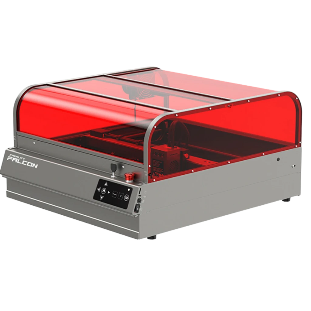 Creality Falcon 2 Pro S Grabadora Láser 40W con cubierta protectora roja, chasis gris y panel frontal con controles y botón de emergencia, área 355 × 390 mm - Ítem2