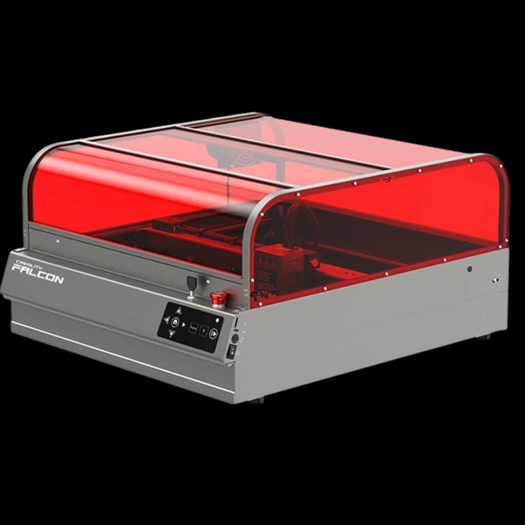 Creality Falcon 2 Pro S Graveur laser 40 W avec capot rouge translucide, châssis gris robuste, surface 355 × 390 mm, panneaux de contrôle en façade