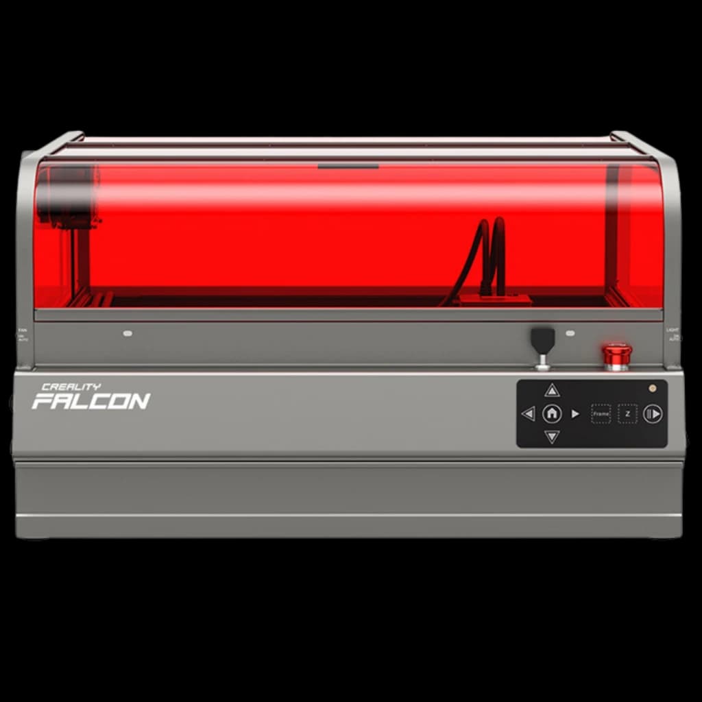 Creality Falcon 2 Pro S Graveur laser 40 W 355 × 390 mm avec capot rouge translucide, châssis métal gris, panneau de contrôle frontal et bouton arrêt