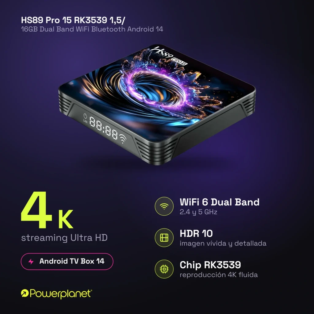 HS89 Pro 15 RK3539 reproductor multimedia 4K con WiFi 6 y HDR10, caja compacta con diseño vortex brillante y mando a distancia con botones de apps - Ítem4