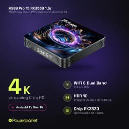 HS89 Pro 15 TV Box compacta com display LED frontal, portas laterais e design preto; 4K, Wi‑Fi 6, HDR10, chip RK3539, 4/32 GB