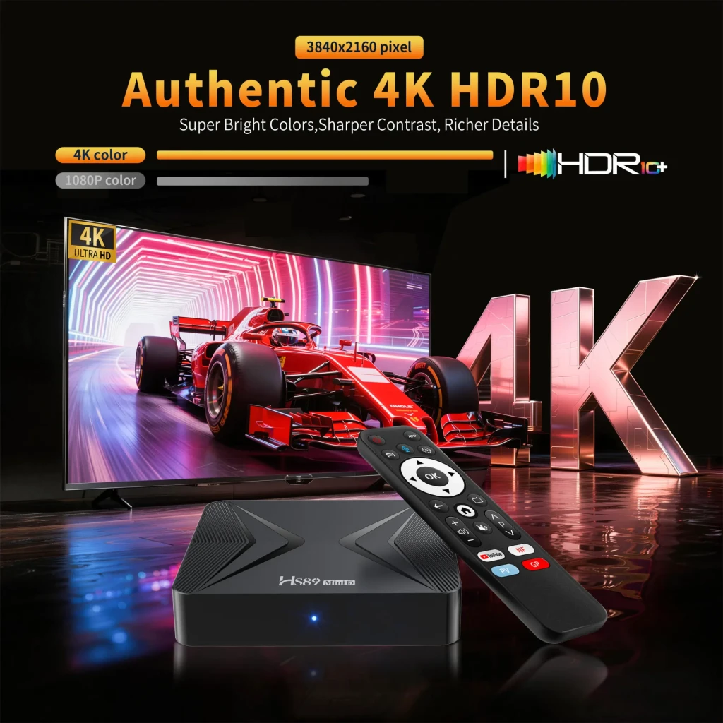 HS89 Mini 15 RK3539 TV Box 4K con control remoto negro, diseño compacto, luces LED frontales, compatibilidad WiFi dual band, Dolby Vision y HDR10+ - Ítem4