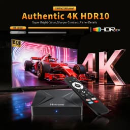 HS89 Mini 15 RK3539 TV Box 4K com HDR10+ e Dolby Vision, design compacto preto, luz LED frontal, acompanha controle remoto com teclas multimídia