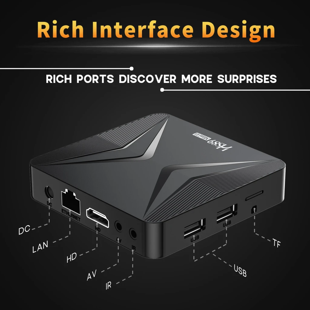 HS89 Mini 15 RK3539 TV Box 4K con control remoto negro, diseño compacto, luces LED frontales, compatibilidad WiFi dual band, Dolby Vision y HDR10+ - Ítem5