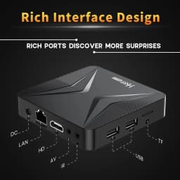 HS89 Mini 15 TV Box 4K com design compacto em X, portas ricas: LAN, HDMI, AV, IR, USB duplo e TF; suporte Wi‑Fi Dual Band, Dolby Vision e HDR10+