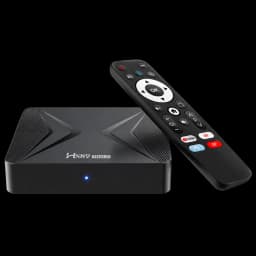 HS89 Mini 15 TV Box compacta preta com LED frontal azul e textura nas laterais, acompanhada de controle remoto com botões coloridos e tecla OK central