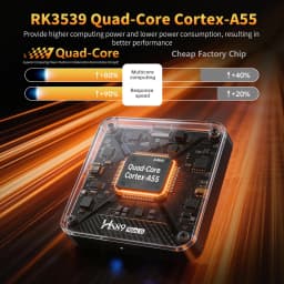 HS89 Mini 15 TV Box com chip RK3539 Quad-Core Cortex-A55, placa transparente, LEDs laranja, suporte 4K, Wi-Fi dual band, Dolby Vision e HDR10+