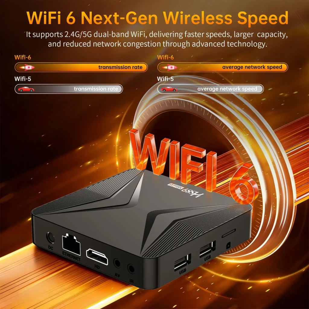 HS89 Mini 15 RK3539 TV Box 4K con control remoto negro, diseño compacto, luces LED frontales, compatibilidad WiFi dual band, Dolby Vision y HDR10+ - Ítem2