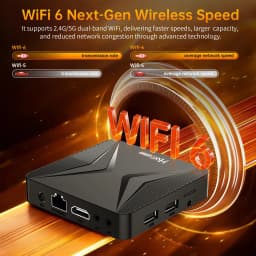HS89 Mini 15 TV Box 4K com WiFi 6 dual band, Dolby Vision e HDR10+. Design compacto preto, portas HDMI, USB, AV e Ethernet; indicador LED frontal.