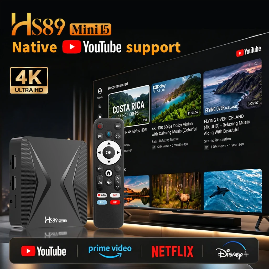HS89 Mini 15 RK3539 TV Box 4K con control remoto negro, diseño compacto, luces LED frontales, compatibilidad WiFi dual band, Dolby Vision y HDR10+ - Ítem3