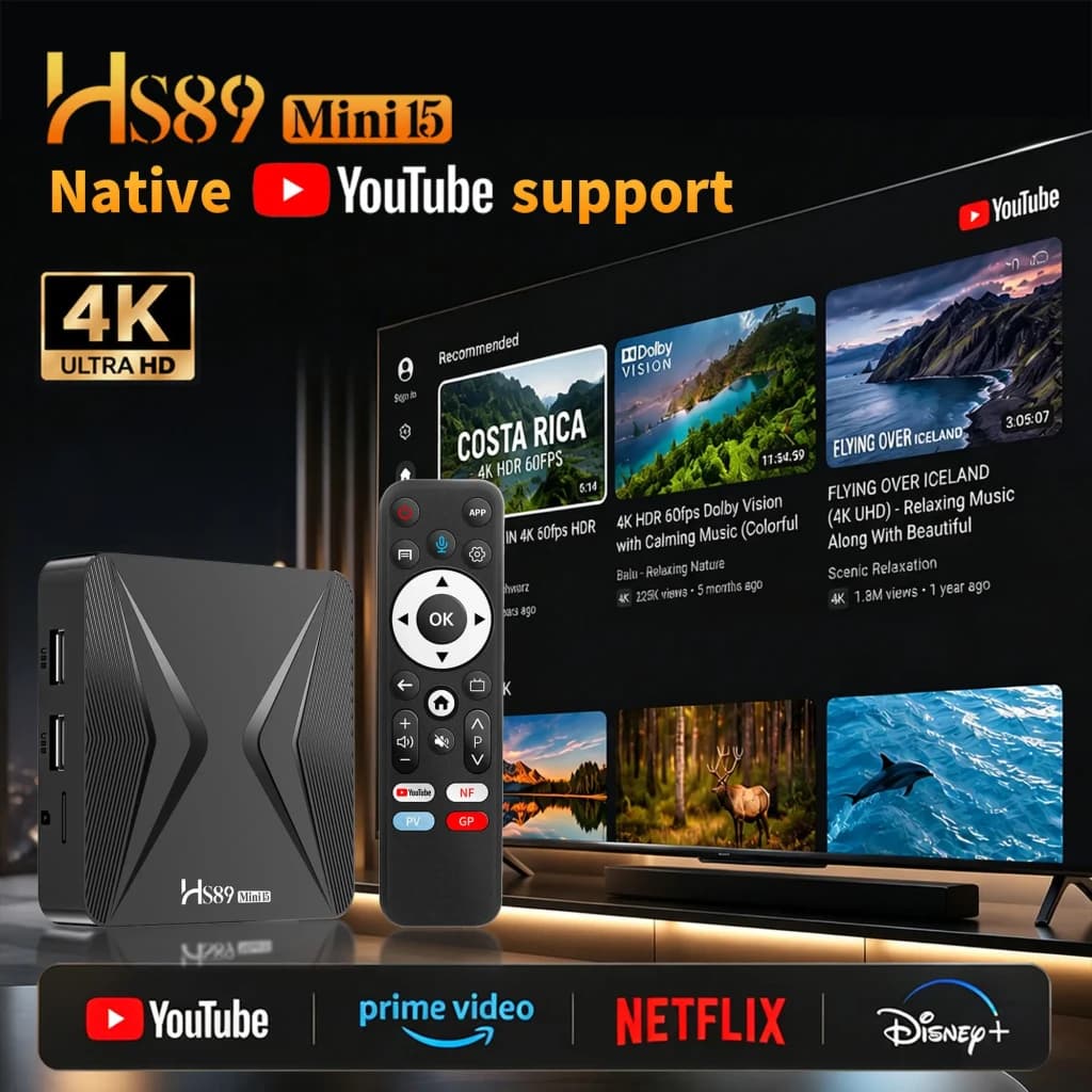 HS89 Mini 15 TV Box 4K: design compacto preto com textura em X, portas USB laterais, controle remoto com botões dedicados YouTube, Netflix e Disney+