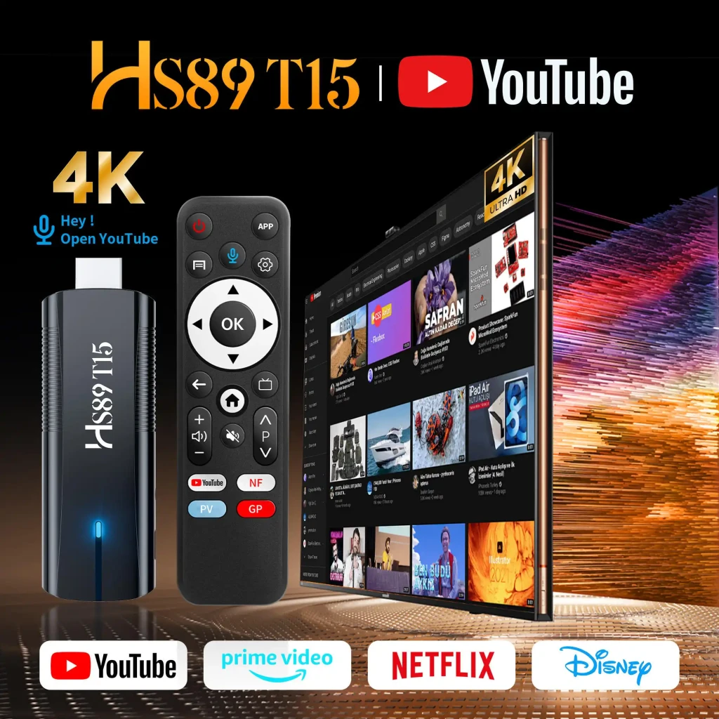 HS89 T15 RK3539 TV Stick 4K con WiFi 6 de doble banda, Android 14, cuerpo negro brillante con LED azul y control remoto con botones de apps y micrófono - Ítem4