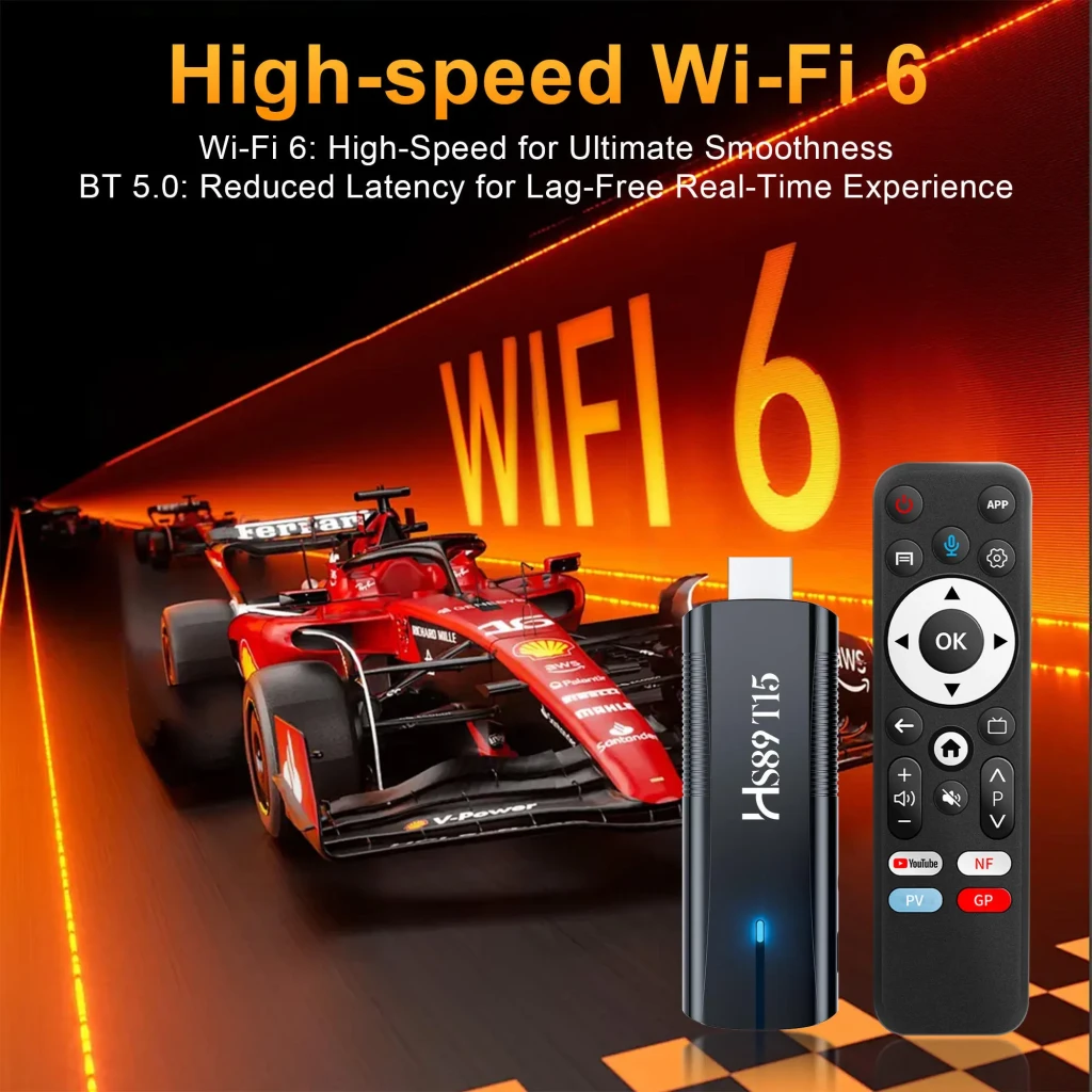HS89 T15 RK3539 TV Stick 4K con WiFi 6 de doble banda, Android 14, cuerpo negro brillante con LED azul y control remoto con botones de apps y micrófono - Ítem5