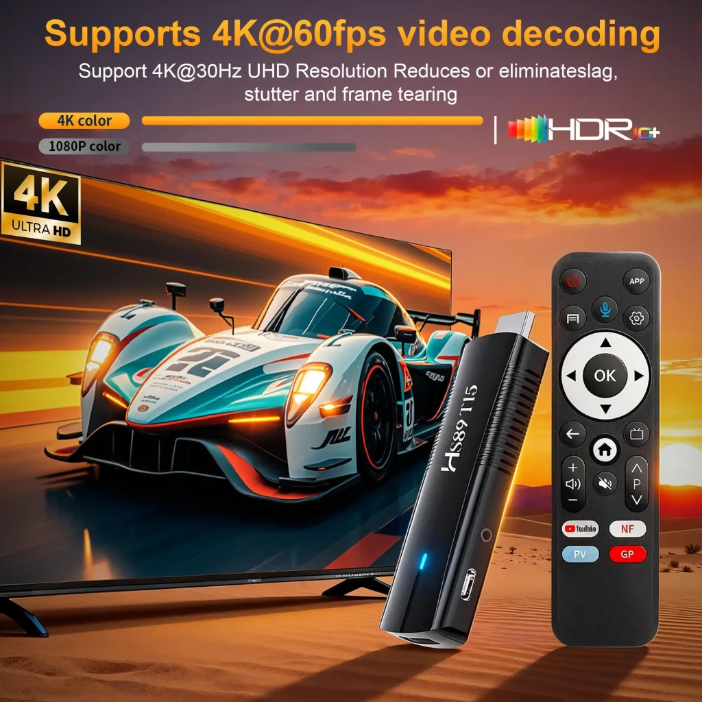 HS89 T15 RK3539 TV Stick 4K con WiFi 6 de doble banda, Android 14, cuerpo negro brillante con LED azul y control remoto con botones de apps y micrófono - Ítem6