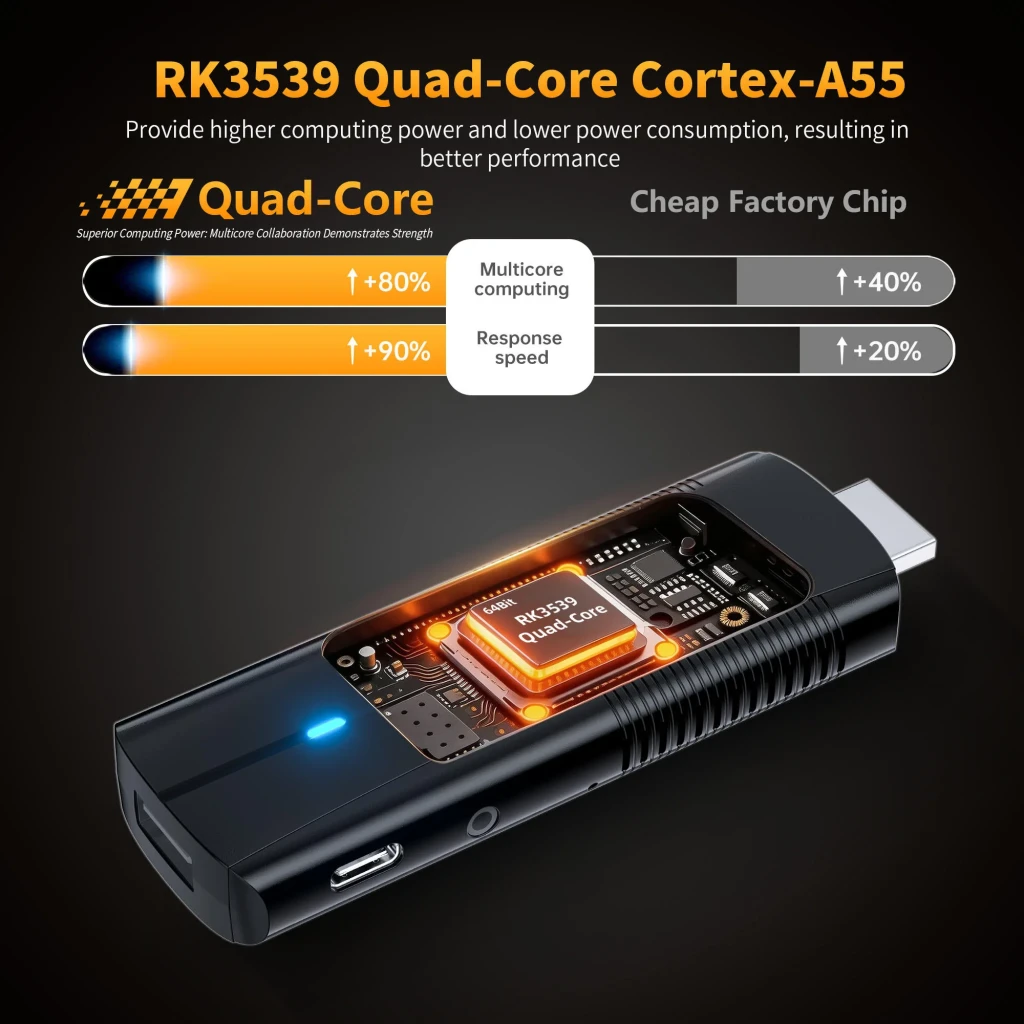 HS89 T15 RK3539 TV Stick 4K con WiFi 6 de doble banda, Android 14, cuerpo negro brillante con LED azul y control remoto con botones de apps y micrófono - Ítem1