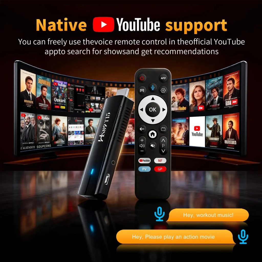 HS89 T15 RK3539 TV Stick 4K con WiFi 6 de doble banda, Android 14, cuerpo negro brillante con LED azul y control remoto con botones de apps y micrófono - Ítem2