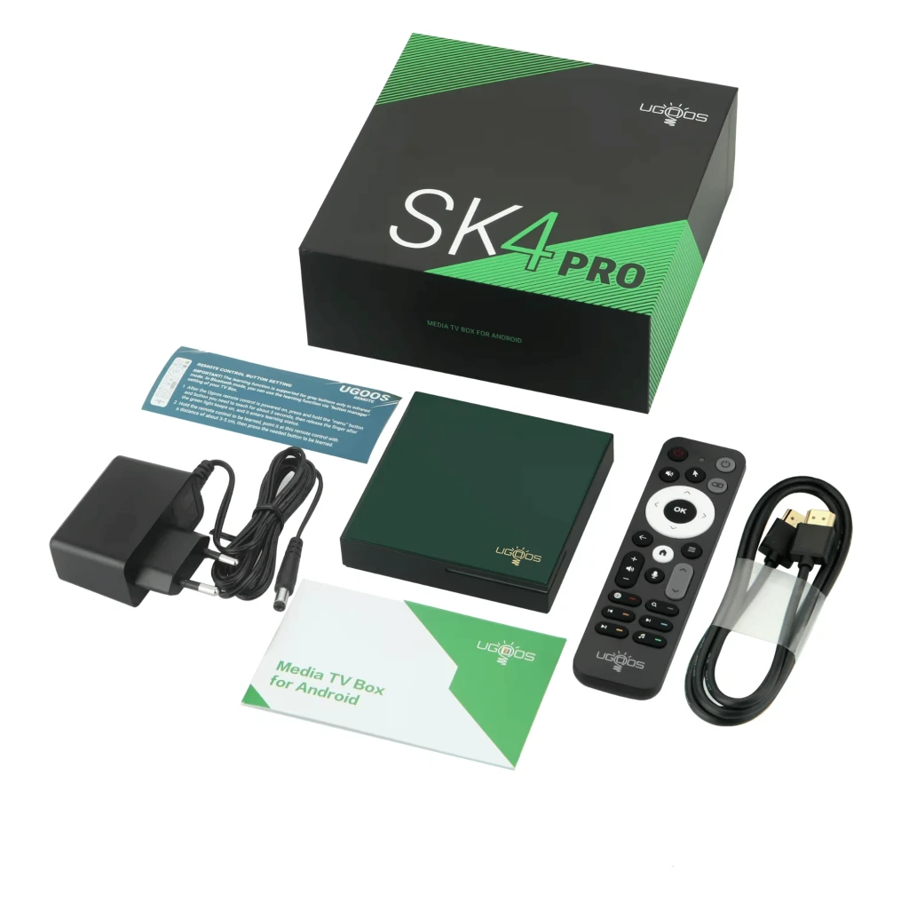 UGOOS SK4 Pro S905X5M-K Android TV Box 4K verde escuro com logotipo dourado, design compacto e controle remoto completo com botões multimídia - Item6