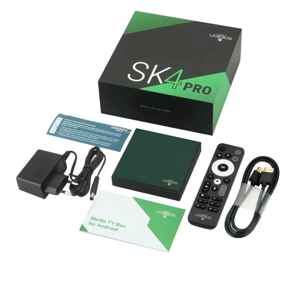 UGOOS SK4 Pro S905X5M-K Android TV Box 4K vert foncé avec télécommande, boîtier compact, câble HDMI, adaptateur secteur et guides; logos Dolby Vision Atmos