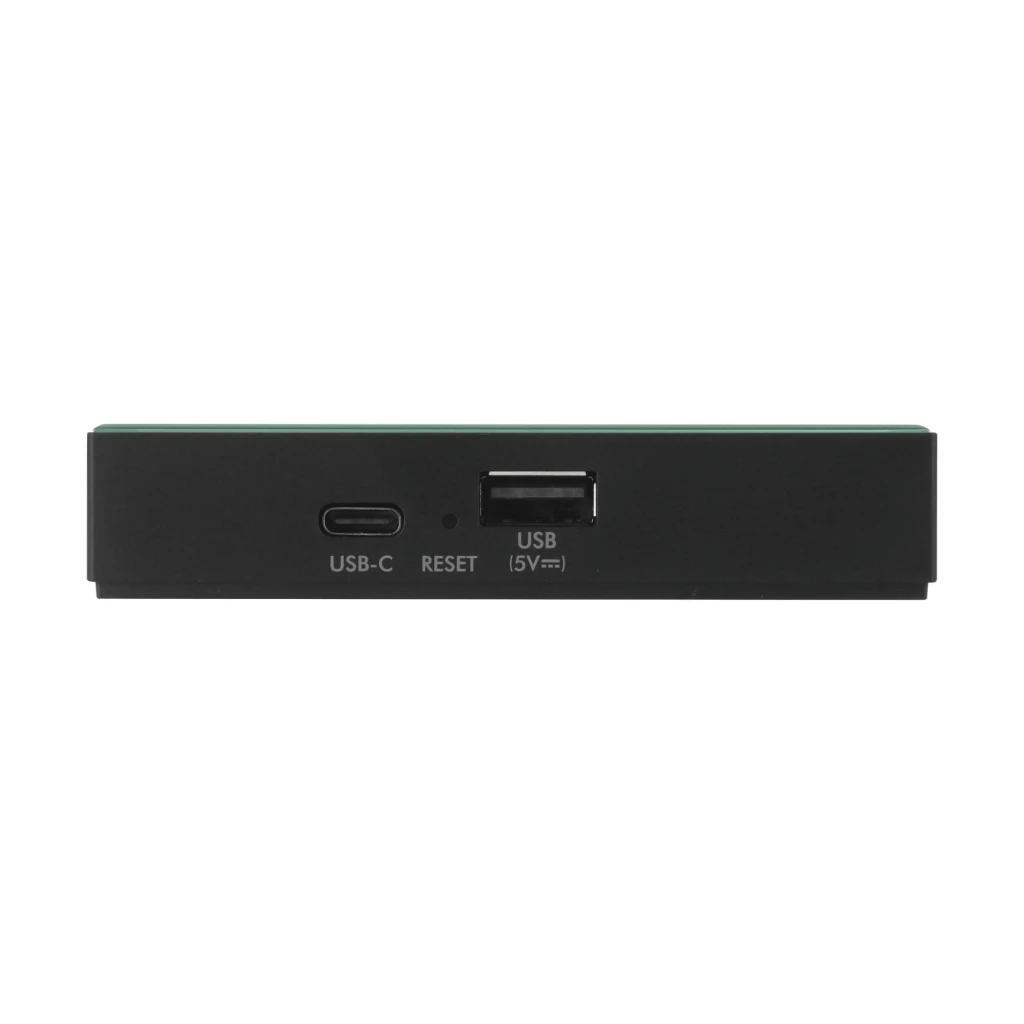 UGOOS SK4 Pro S905X5M-K Android TV Box 4K verde escuro com logotipo dourado, design compacto e controle remoto completo com botões multimídia - Item4