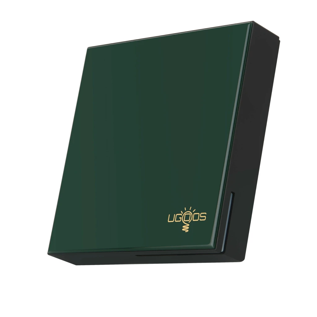 UGOOS SK4 Pro S905X5M-K Android TV Box 4K verde escuro com logotipo dourado, design compacto e controle remoto completo com botões multimídia - Item1