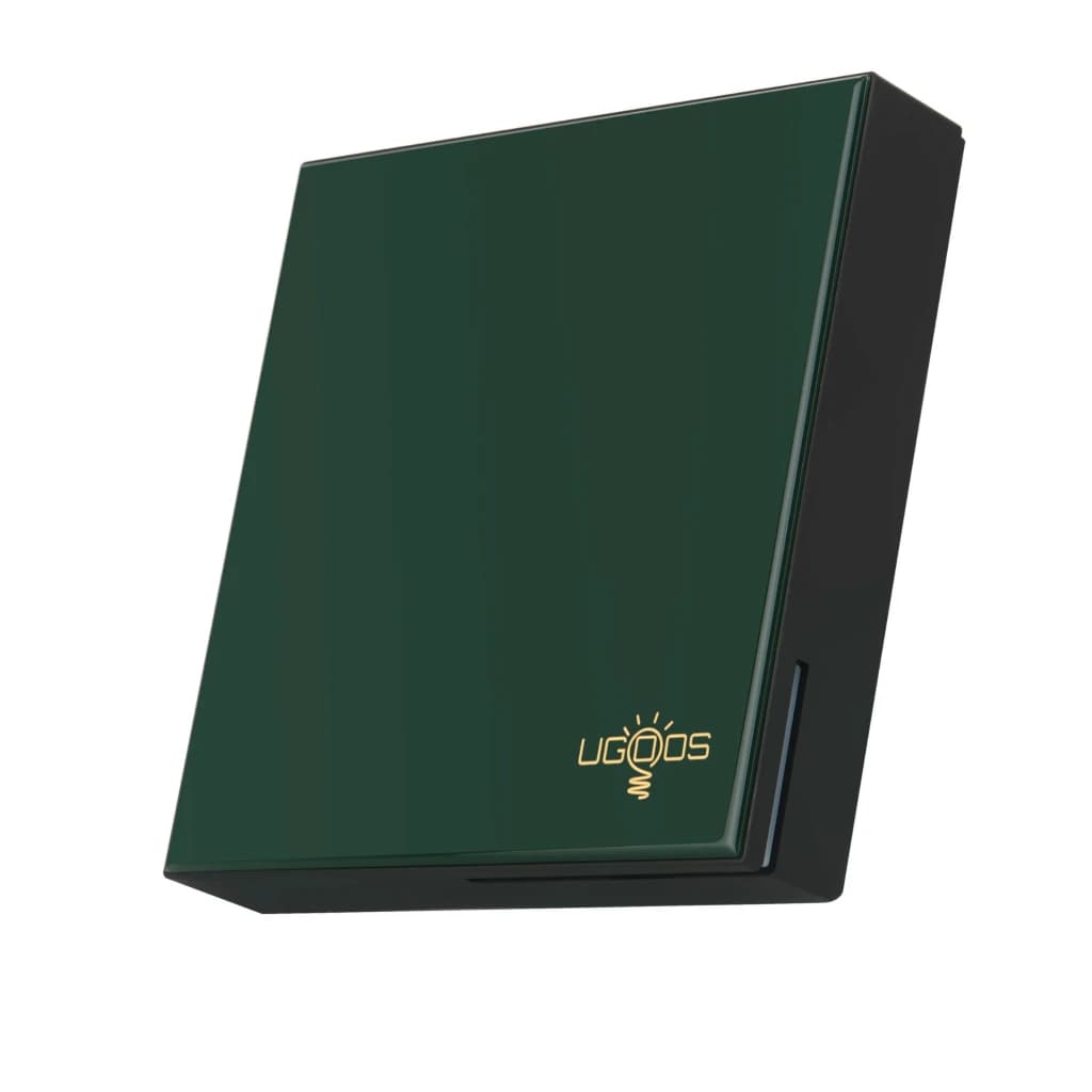 Boîtier Android TV UGOOS SK4 Pro vert foncé, design angulaire compact avec logo doré, finitions brillantes et fente latérale discrète