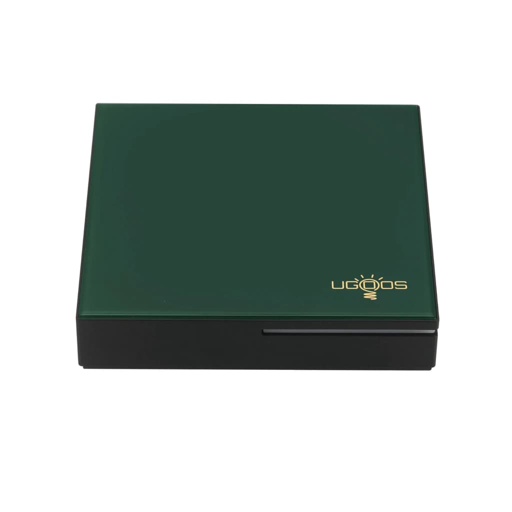 Boîtier Android TV vert foncé et noir UGOOS SK4 Pro compact, logo doré, façade épurée avec fine LED, design minimaliste pour streaming 4K