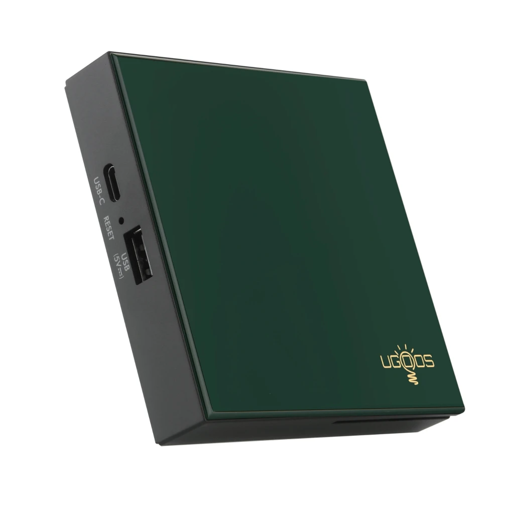 UGOOS SK4 Pro S905X5M-K Android TV Box 4K verde escuro com logotipo dourado, design compacto e controle remoto completo com botões multimídia - Item3