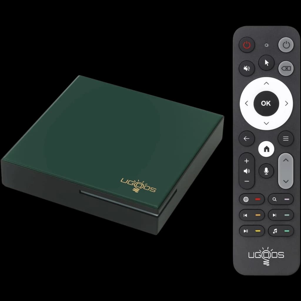 UGOOS SK4 Pro S905X5M-K Android TV Box 4K vert sombre avec logo doré, boîtier compact et télécommande complète; Dolby Vision Atmos, Widevine L1