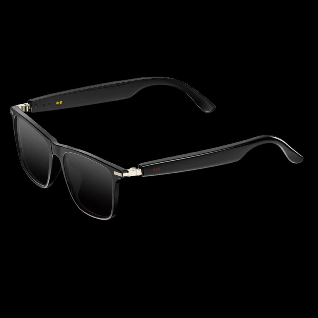 M01Pro AI Sunglasses Bluetooth 5.4, monture noire mate rectangulaire, verres fumés, charnières métalliques, contacts pogo dorés, design épuré et moderne