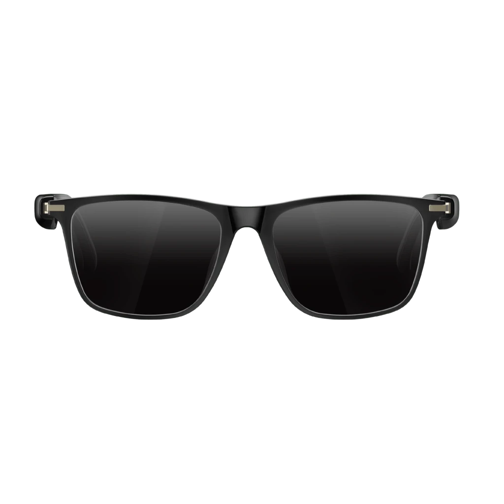 M01Pro AI Sunglasses Bluetooth 5.4, monture noire brillante, verres polarisés fumés, charnières métalliques élégantes, design rectangulaire moderne et