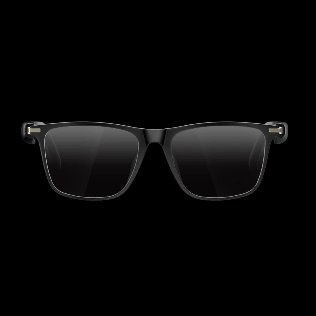 M01Pro AI Sunglasses Bluetooth 5.4, monture noire brillante, verres polarisés fumés, charnières métalliques élégantes, design rectangulaire moderne et