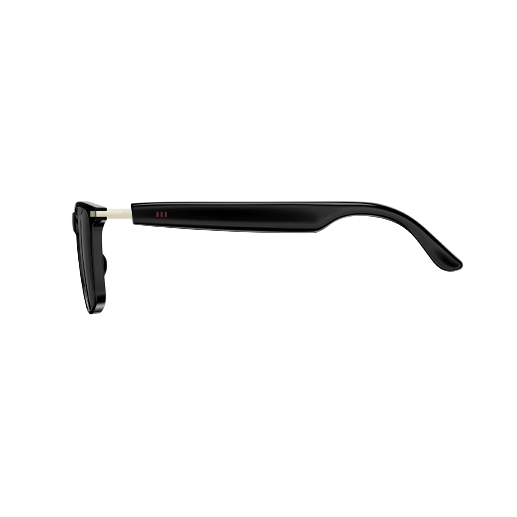 Branche latérale des M01Pro AI Sunglasses Bluetooth 5.4 en noir brillant, tige épaisse avec charnière métallique et trois indicateurs, courbure ergonomique