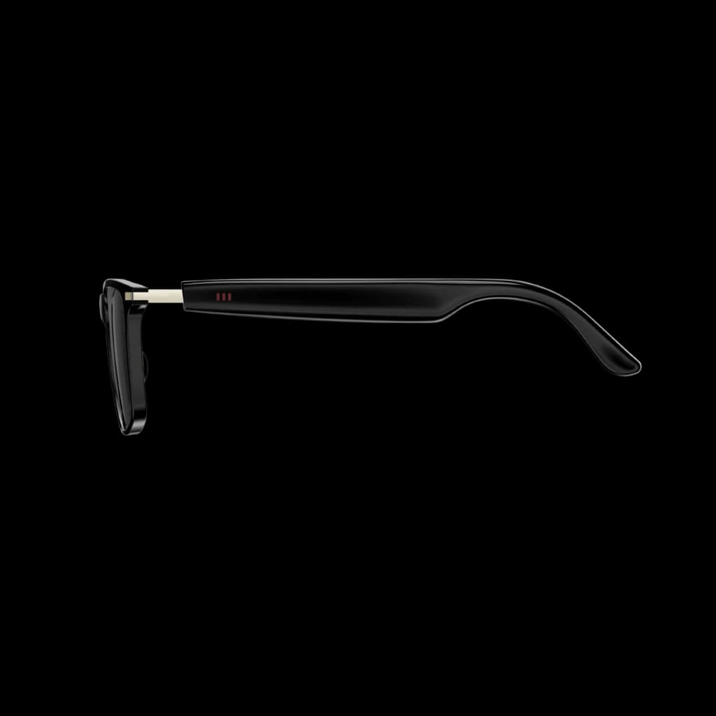 Branche latérale des M01Pro AI Sunglasses Bluetooth 5.4 en noir brillant, tige épaisse avec charnière métallique et trois indicateurs, courbure ergonomique