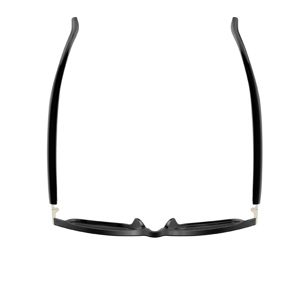 M01Pro AI Sunglasses Bluetooth 5.4 – monture noire fine, branches souples, plaquettes nasales intégrées, design léger et minimaliste pour confort quotidien