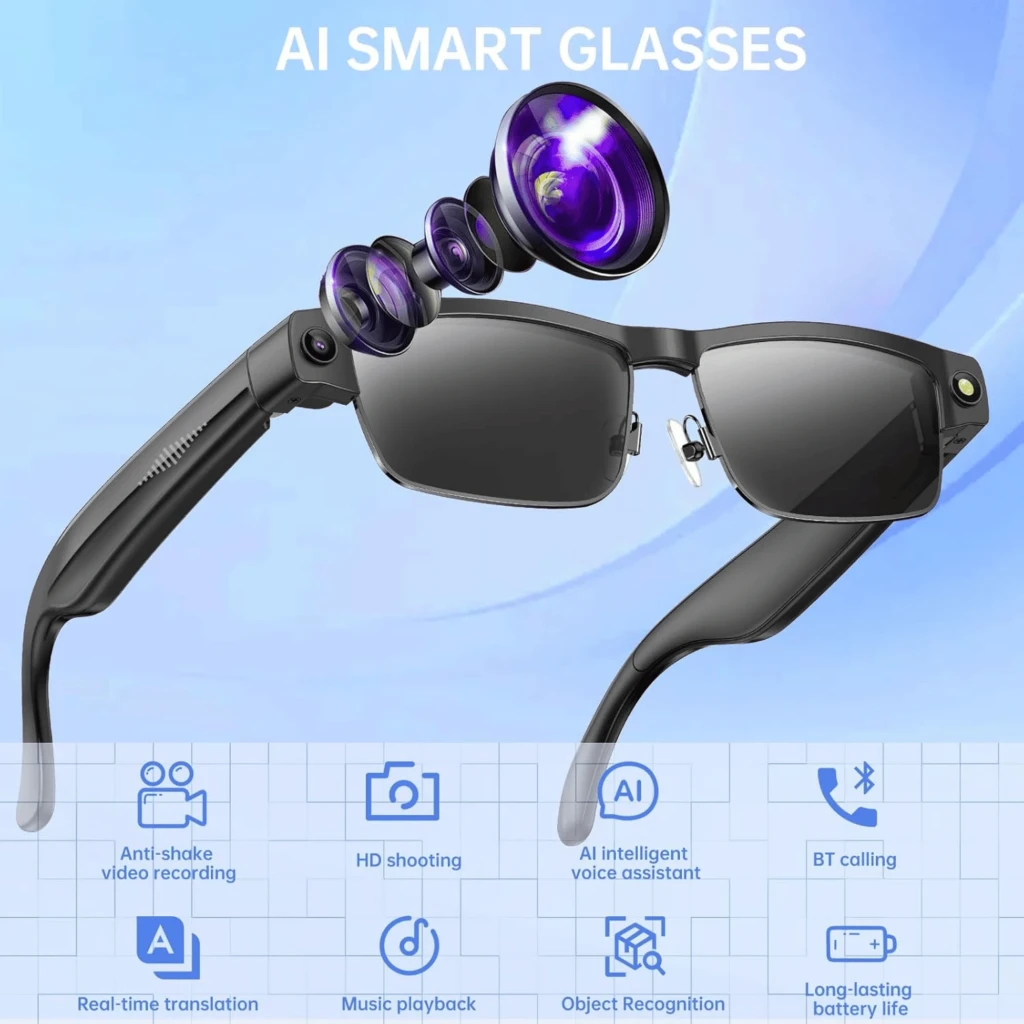 Gafas negras semirimeless con lentes polarizadas oscuras, cámara 8MP integrada en la montura, micrófono lateral y bisagras robustas para uso diario - Ítem6