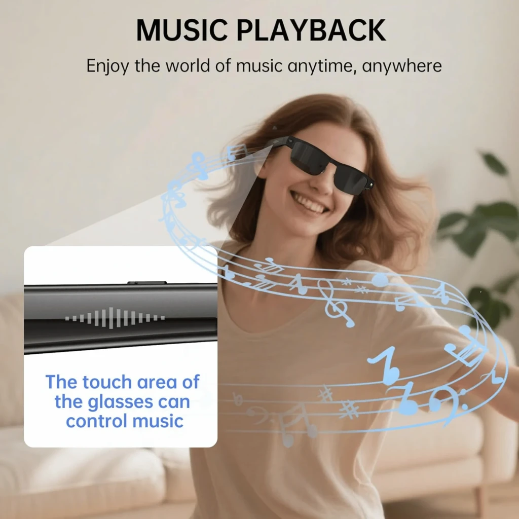 Gafas negras semirimeless con lentes polarizadas oscuras, cámara 8MP integrada en la montura, micrófono lateral y bisagras robustas para uso diario - Ítem2