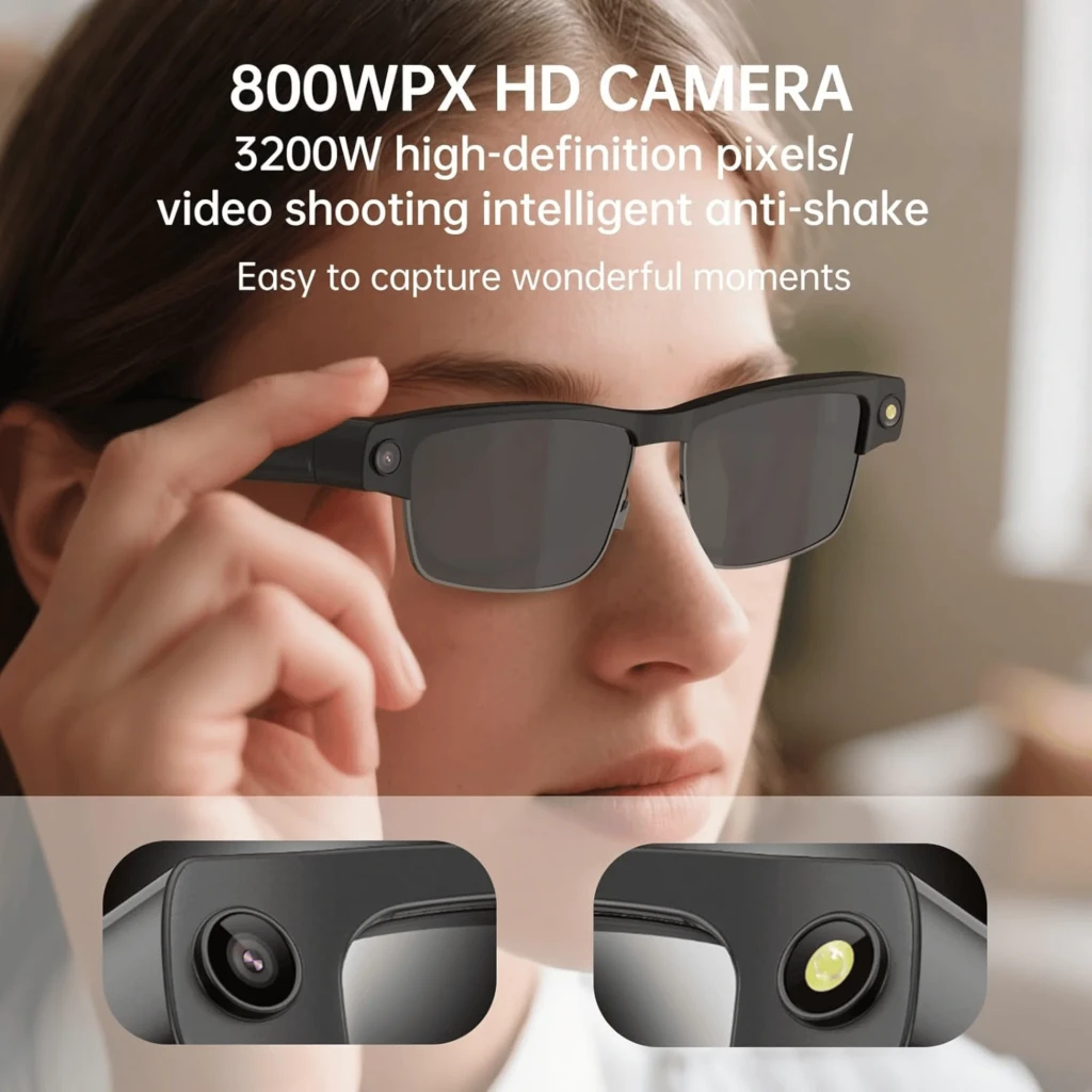Gafas negras semirimeless con lentes polarizadas oscuras, cámara 8MP integrada en la montura, micrófono lateral y bisagras robustas para uso diario - Ítem4