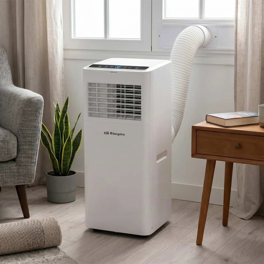 Climatiseur portable Orbegozo ADR 7000, blanc, grille frontale, écran LED supérieur, tuyau d’évacuation vers fenêtre, roues discrètes, design compact