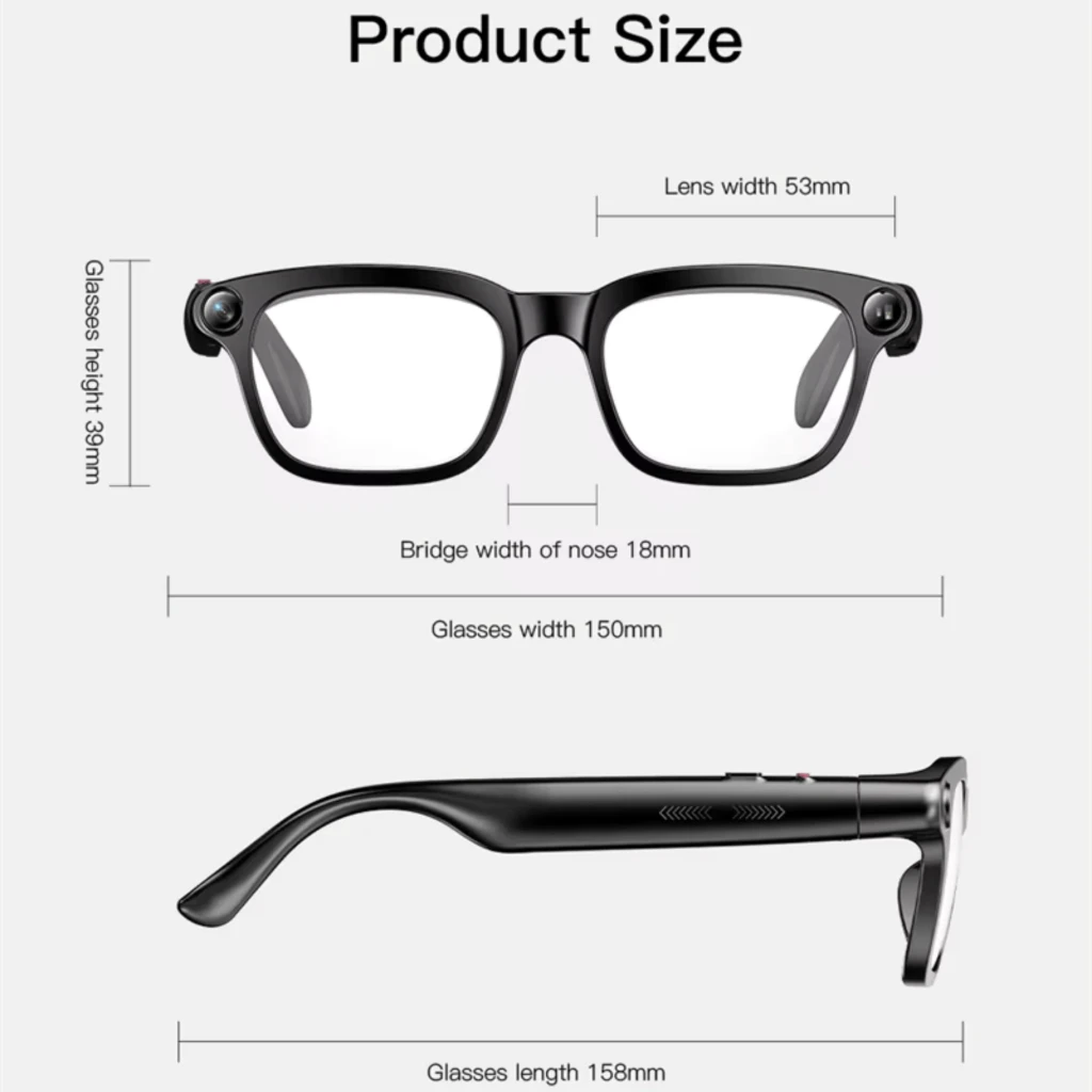M08 AI Sunglasses en negro mate con montura robusta, lentes ahumados, cámara 8MP en la esquina del aro y varillas gruesas con controles integrados - Ítem4