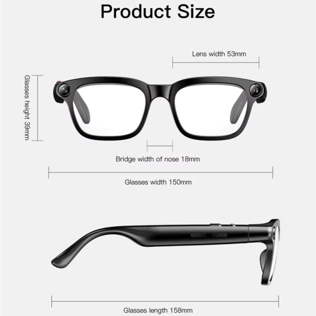 M08 AI Sunglasses Lunettes noires rectangulaires avec caméra 8 MP discrète aux coins, branches épaisses 158 mm, verres 53 mm, pont 18 mm, largeur 150 mm