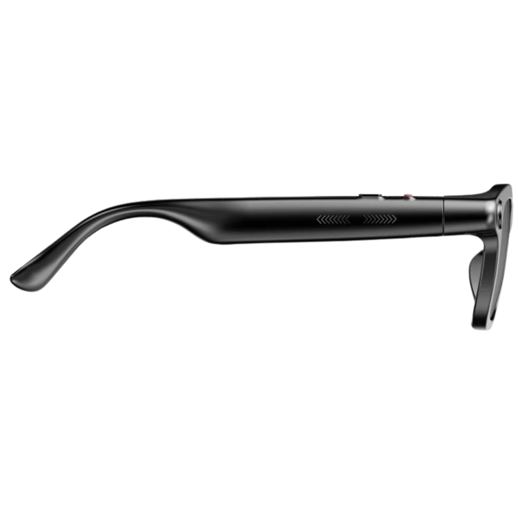 M08 AI Sunglasses en negro mate con montura robusta, lentes ahumados, cámara 8MP en la esquina del aro y varillas gruesas con controles integrados - Ítem2