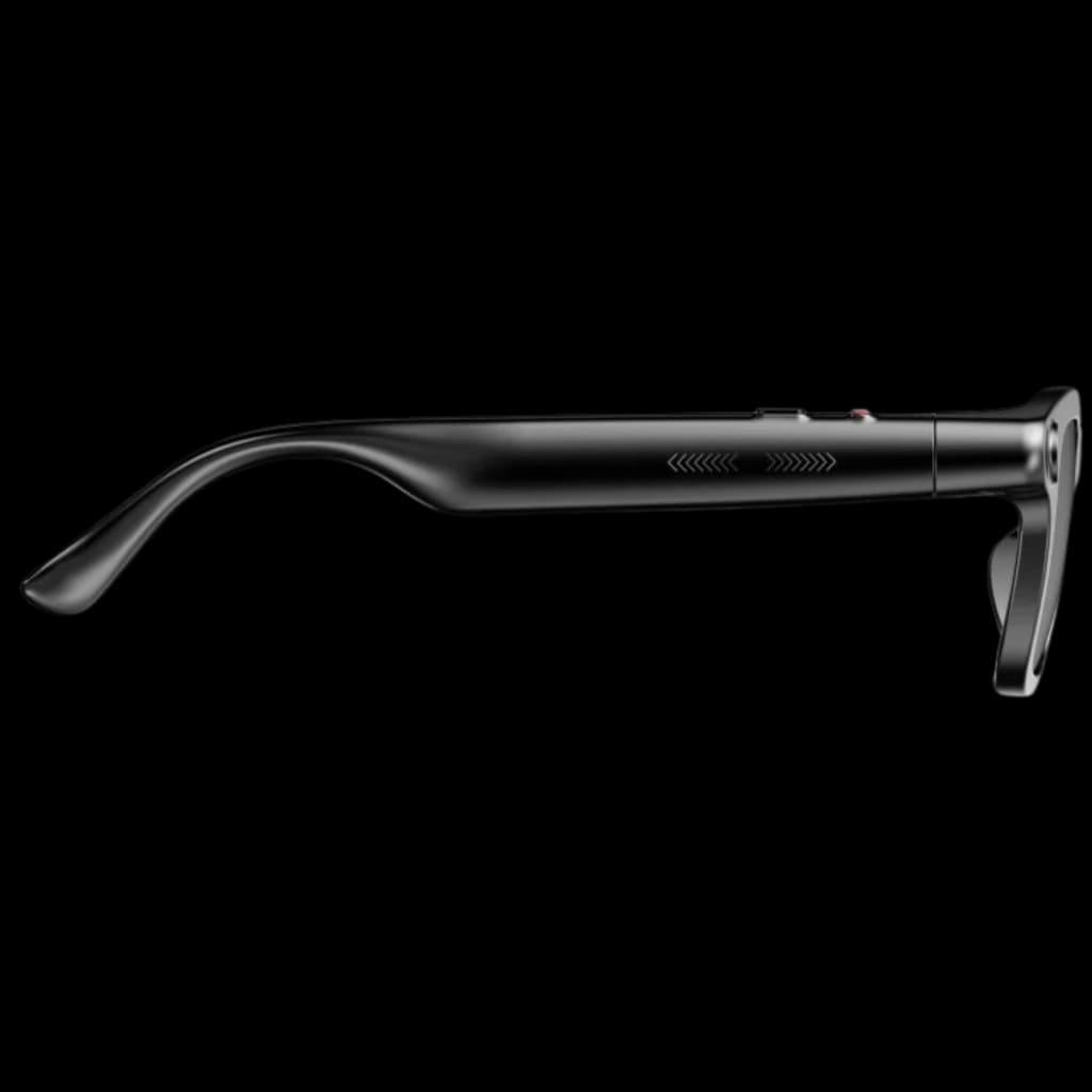 Branche latérale noire des M08 AI Sunglasses avec boutons discrets, caméra 8 MP intégrée et design fin pour lunettes intelligentes de traduction IA