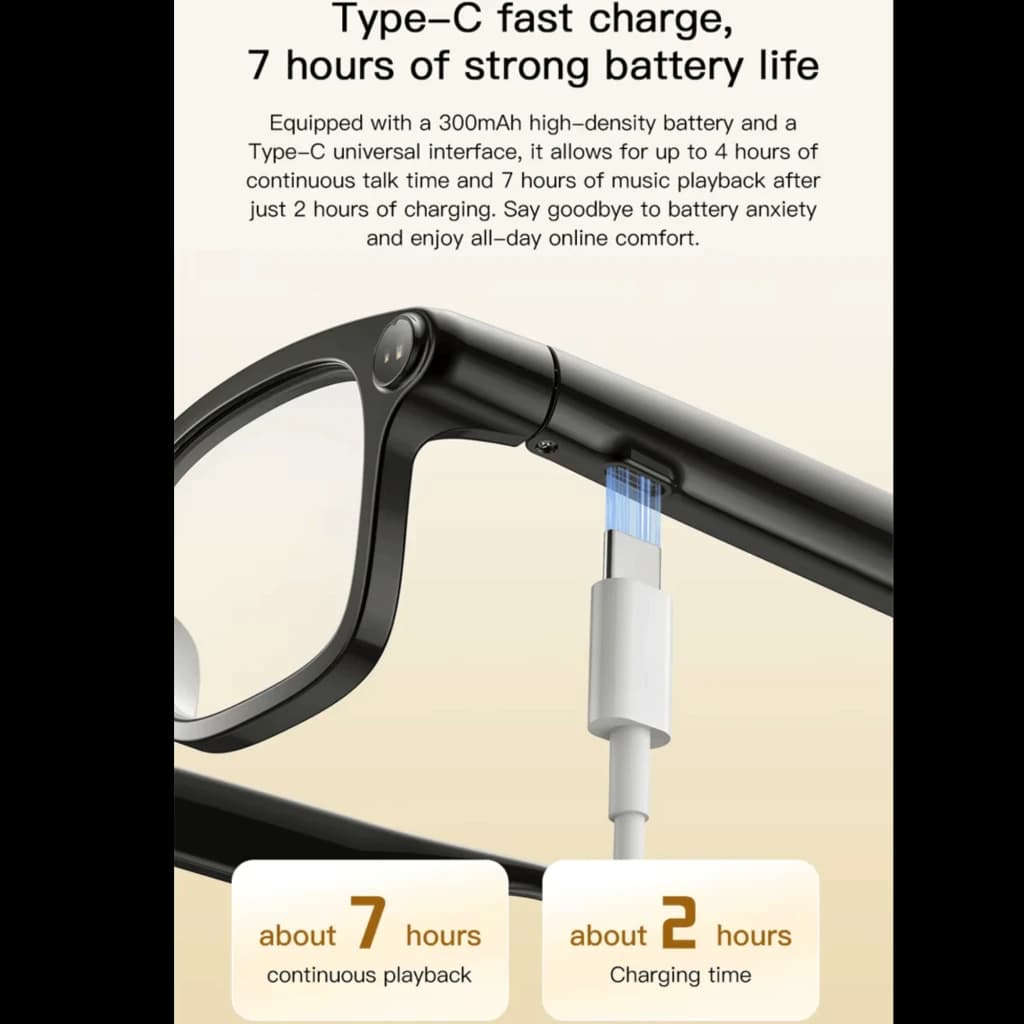 M08 AI Sunglasses lunettes noires avec branche épaisse, port USB‑C en charge, autonomie 7 h, caméra 8 MP intégrée et traduction IA