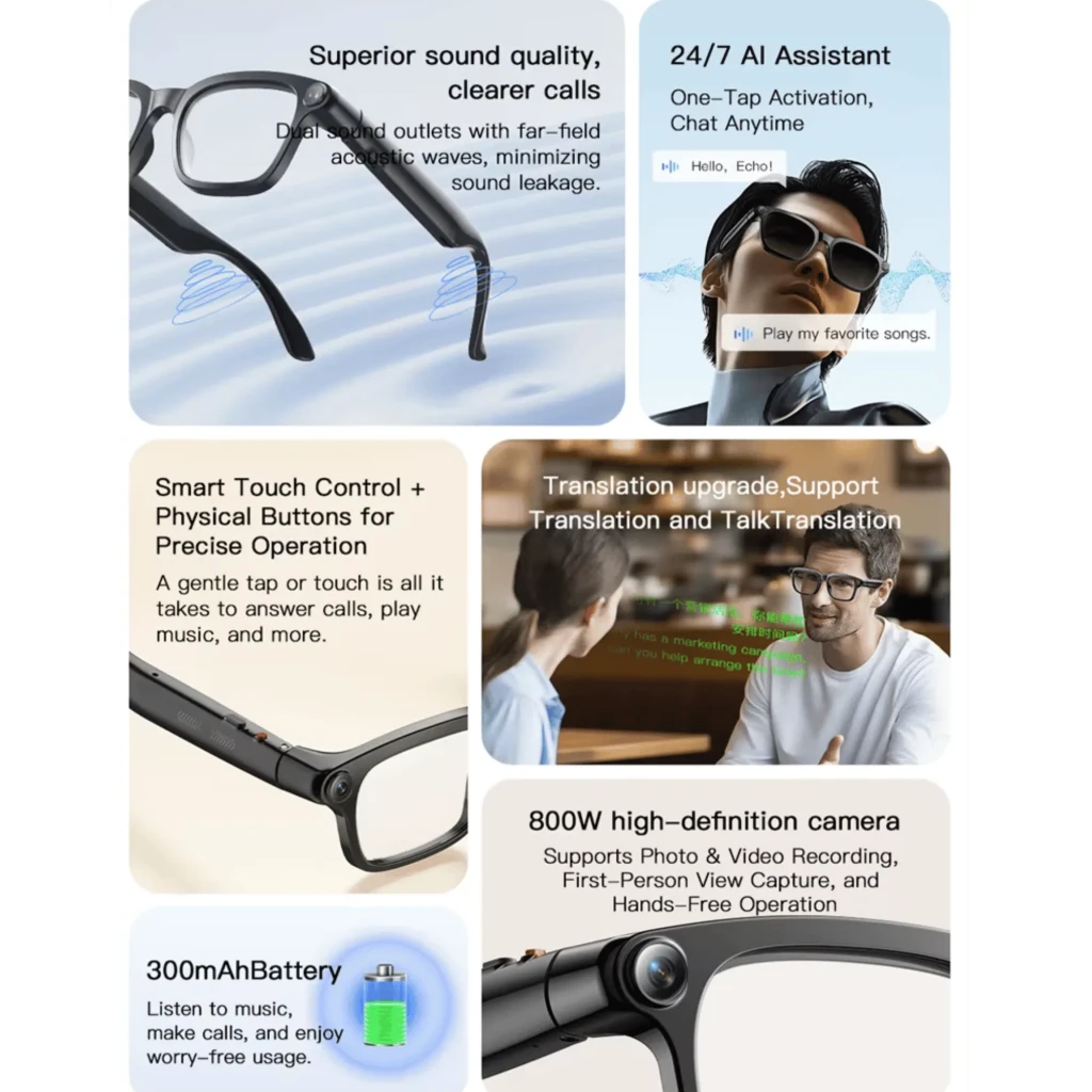 M08 AI Sunglasses en negro mate con montura robusta, lentes ahumados, cámara 8MP en la esquina del aro y varillas gruesas con controles integrados - Ítem7