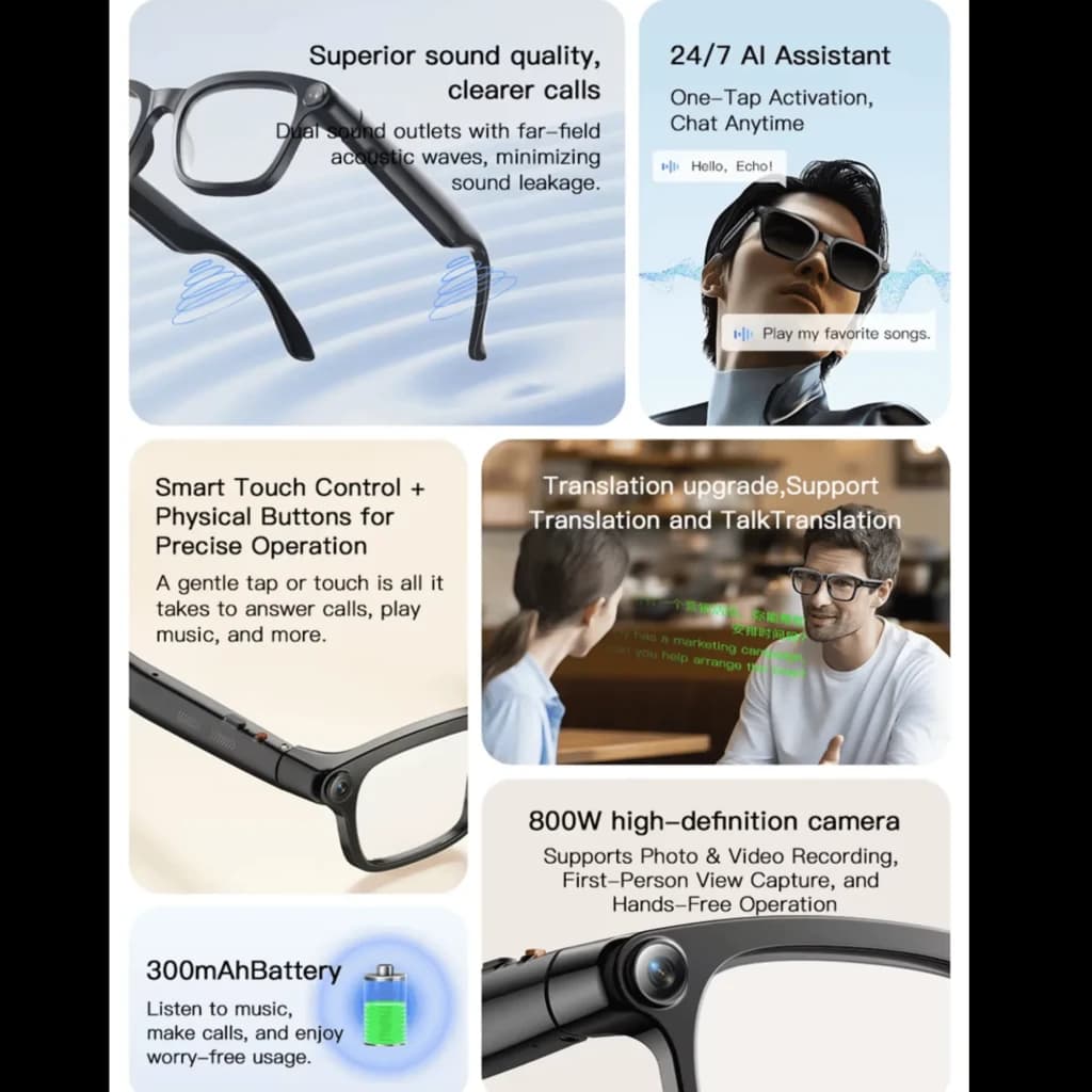 M08 AI Sunglasses Lunettes intelligentes noires avec branches épaisses, boutons physiques et caméra 8 MP intégrée près de la charnière, design sobre et