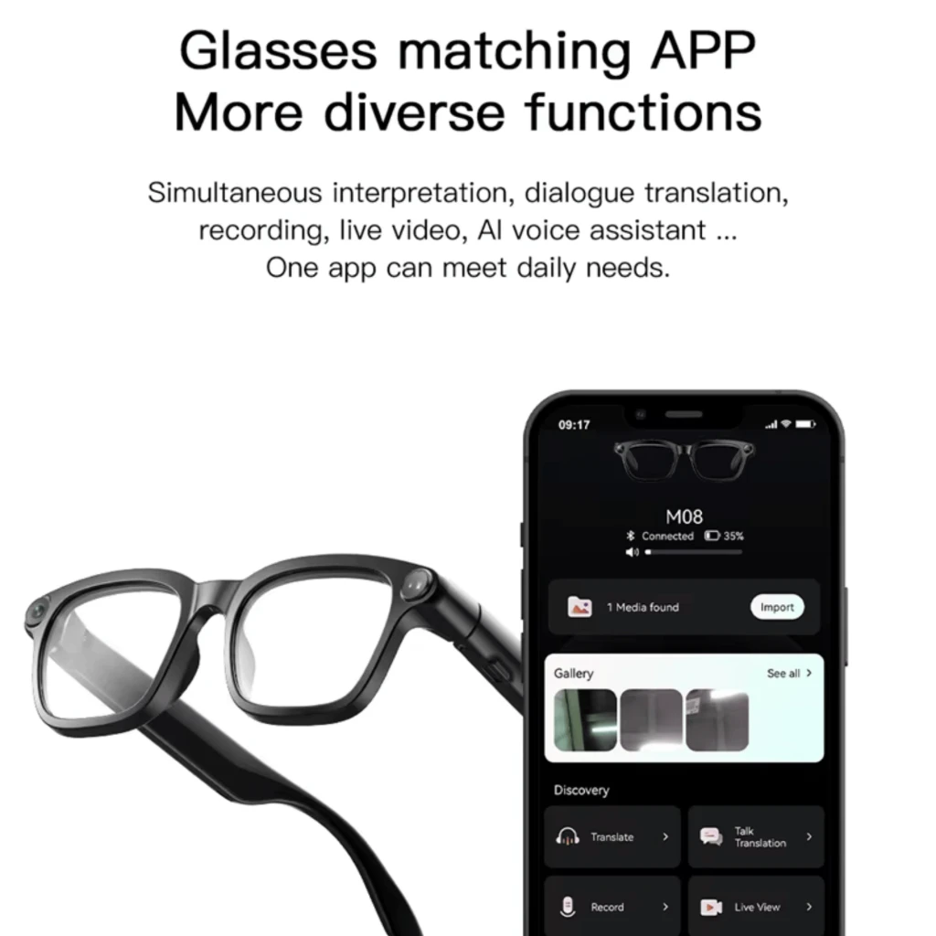 M08 AI Sunglasses en negro mate con montura robusta, lentes ahumados, cámara 8MP en la esquina del aro y varillas gruesas con controles integrados - Ítem3