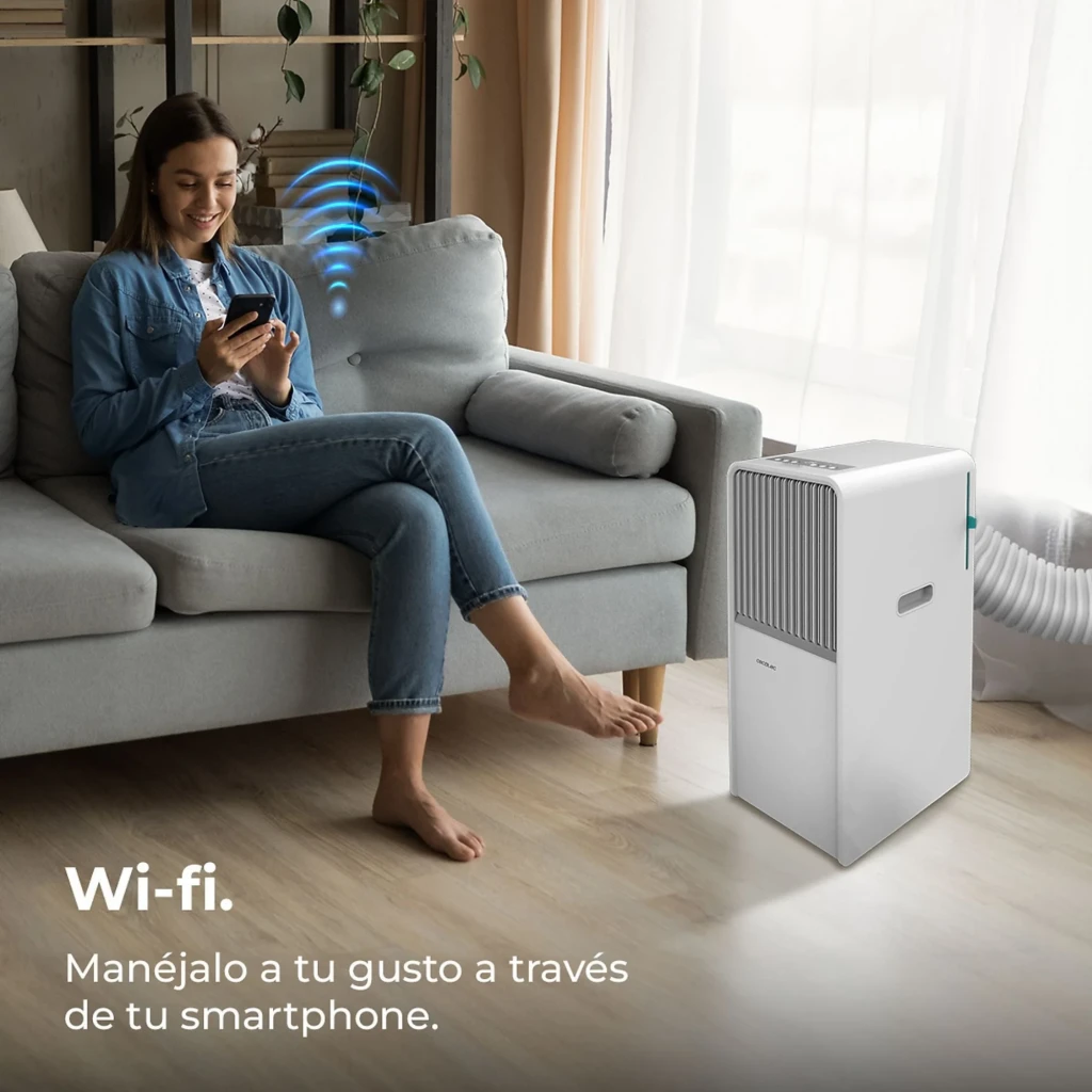 Aire acondicionado portátil blanco con rejilla frontal vertical, panel superior táctil, asa lateral y control por app y mando; flujo de aire azul visible - Ítem3