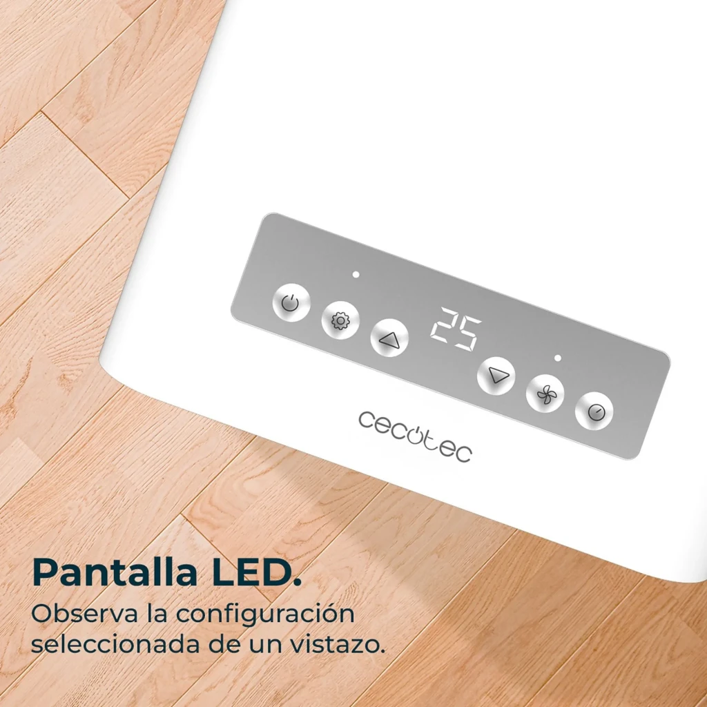 Aire acondicionado portátil blanco con rejilla frontal vertical, panel superior táctil, asa lateral y control por app y mando; flujo de aire azul visible - Ítem1